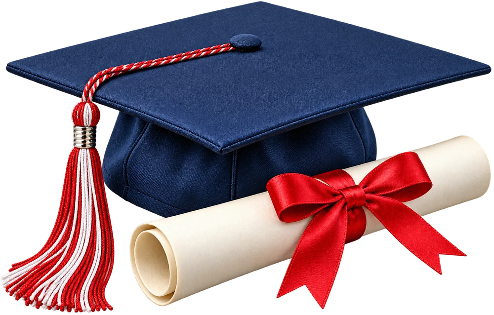 Graduation cap and diploma in Cousino colors