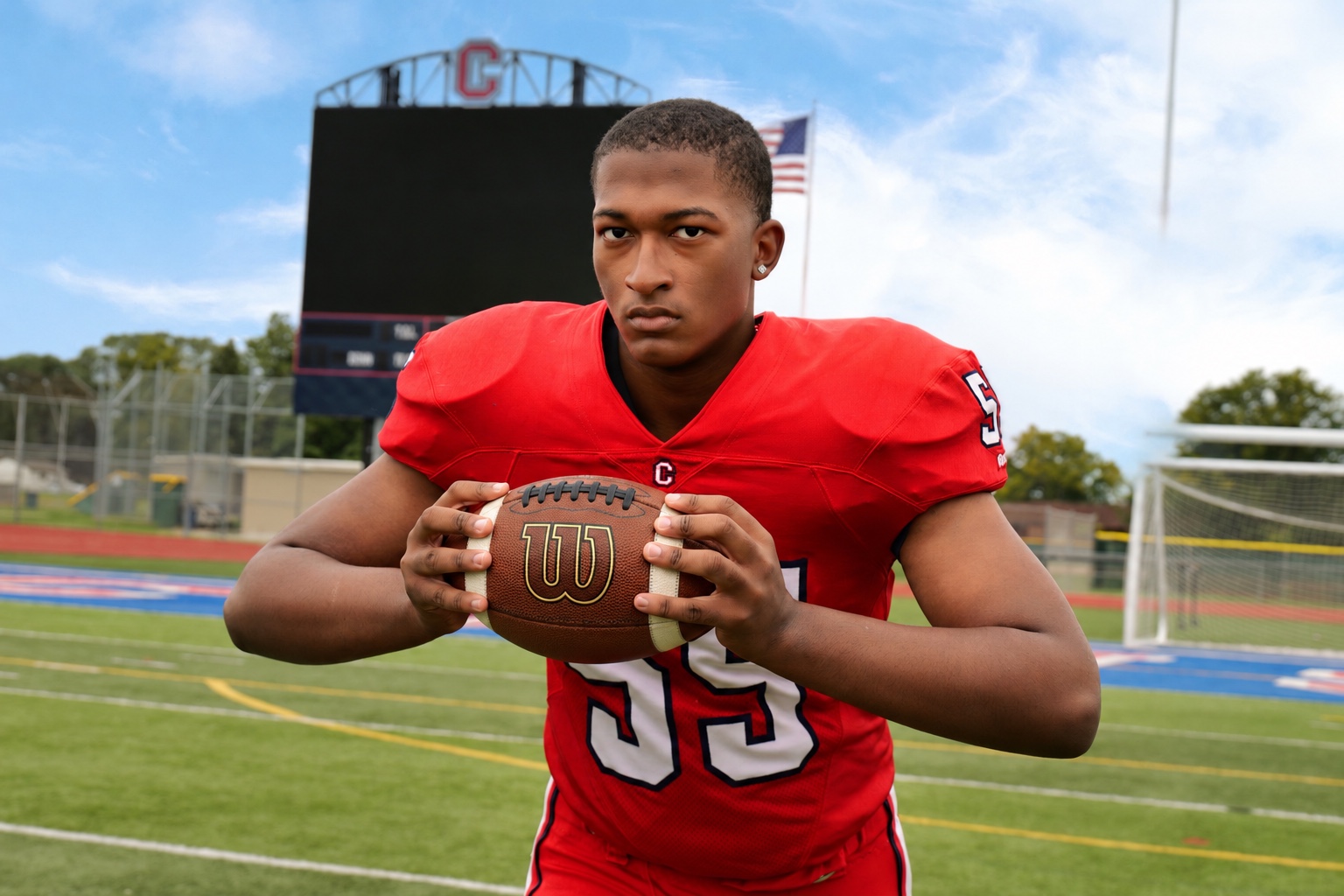 Kamauri Mack in his red Cousino number 55 football uniform, holding a football on the field